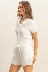 Textured Short Sleeve Top and Drawstring Shorts Knit Set HYFVE